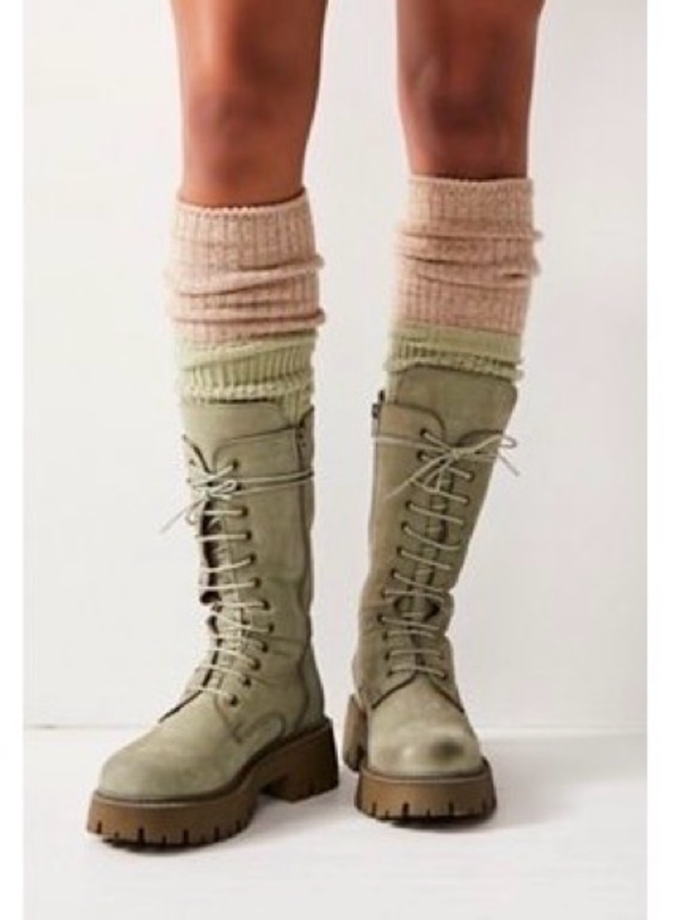Bueno x Free People Reign Lace-Up Combat Boots in sage/nubuck (made in Turkey)